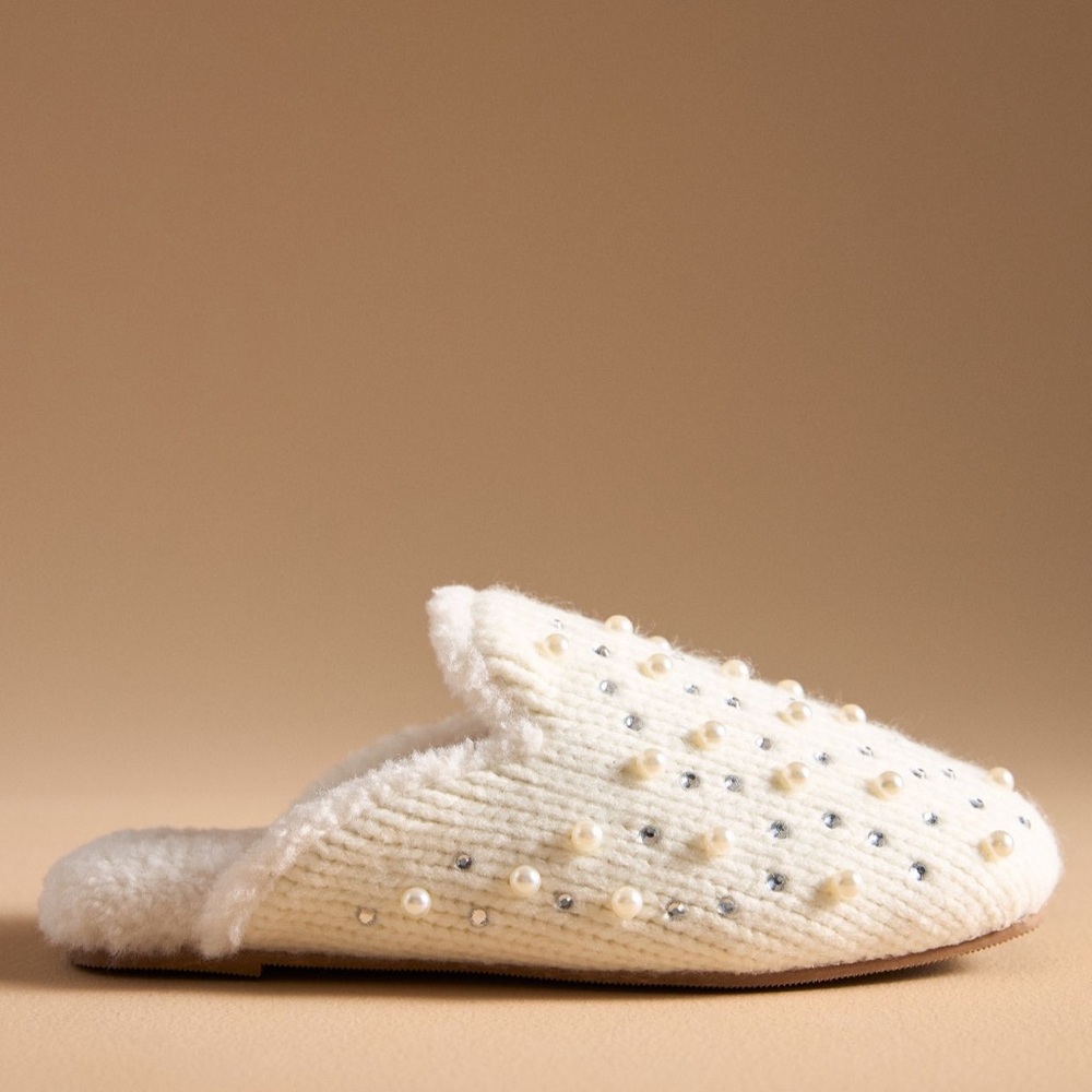 Anthropologie Cream Knit Slippers with Beaded Embellishments